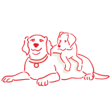 Sketch of an adult dog lying down with a puppy on its back