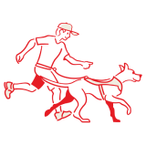 Sketch of a person running with a dog on a harness