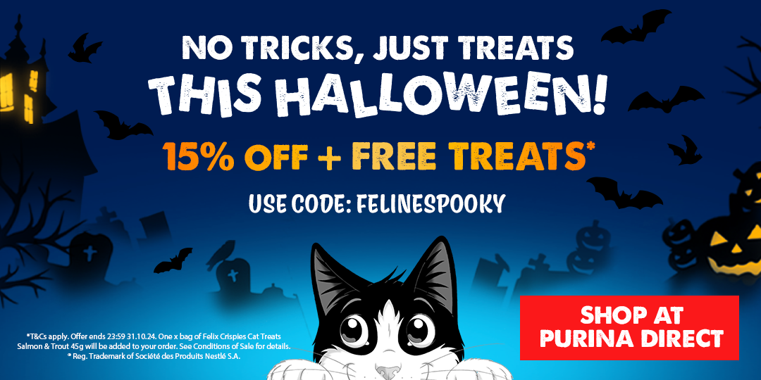 No tricks, just treats this Halloween! 15% off + free treats at Purina Direct