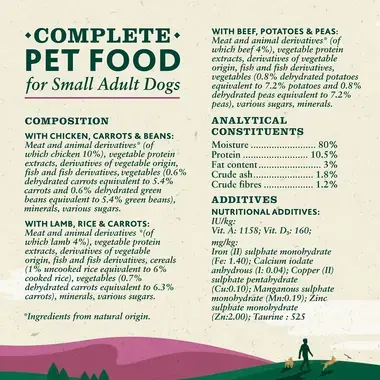 Complete pet food for small adult dogs