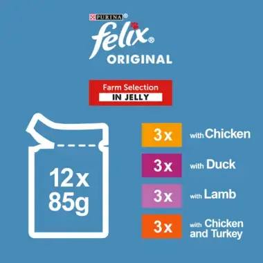 Felix Original 12x85g; 3x chicken, 3x duck, 3x lamb, 3x chicken and turkey