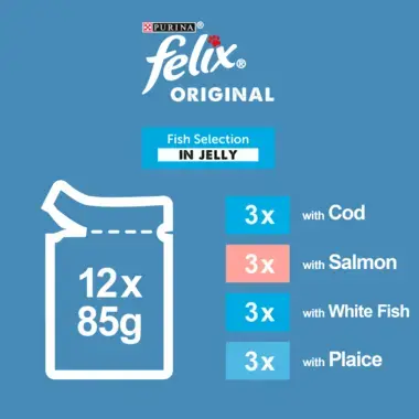 Felix Original 12x85g; 3x cod, 3x salmon, 3x white fish, 3x plaice
