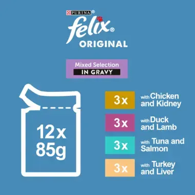 Felix Original 12x85g; 3x chicken&kidney, 3x duck&lamb, 3x tuna&salmon, 3x turkey&liver