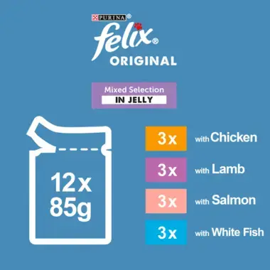 Felix Original 12x85g; 3x chicken, 3x lamb, 3x salmon, 3x white fish 