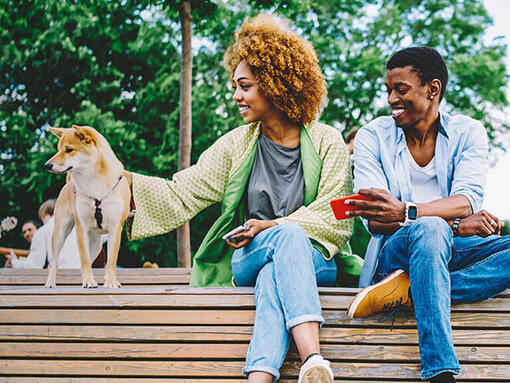 Woman and man sitting on a bench with a dog