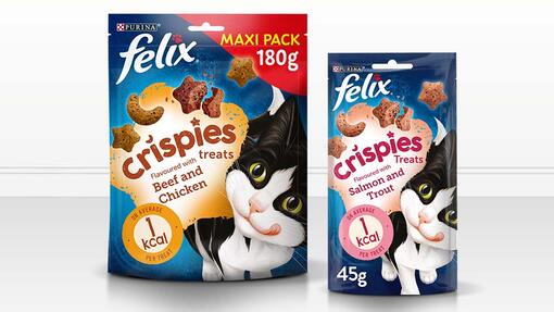 Two Felix crispies product packs for Beef and chicken and Salmon and Trout