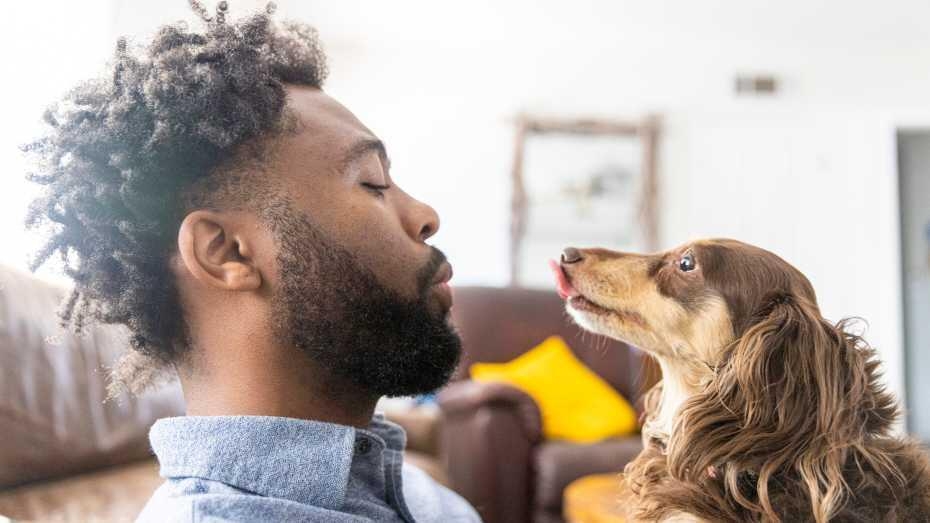 Man and his dog embracing eye contact